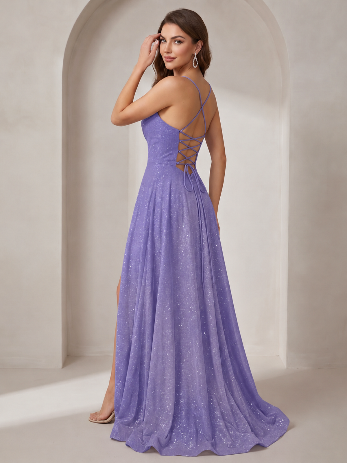 Sparkly Cowl Neck Corset Long Prom Dress with Slit A-line Tulle Ball Gown