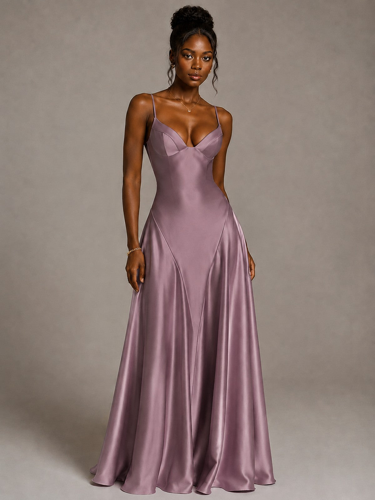 Lavender V Neck Satin Prom Dress with Spaghetti Straps