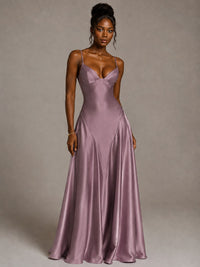 Lavender V Neck Satin Prom Dress with Spaghetti Straps