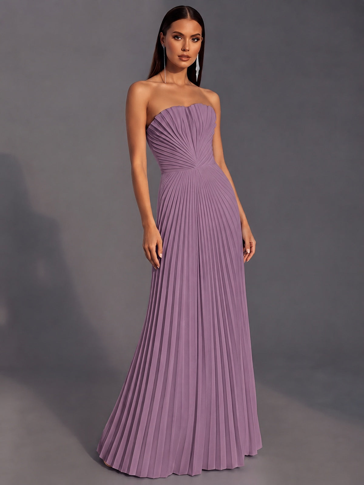 Strapless A-line Long Pleated Satin Prom Dress