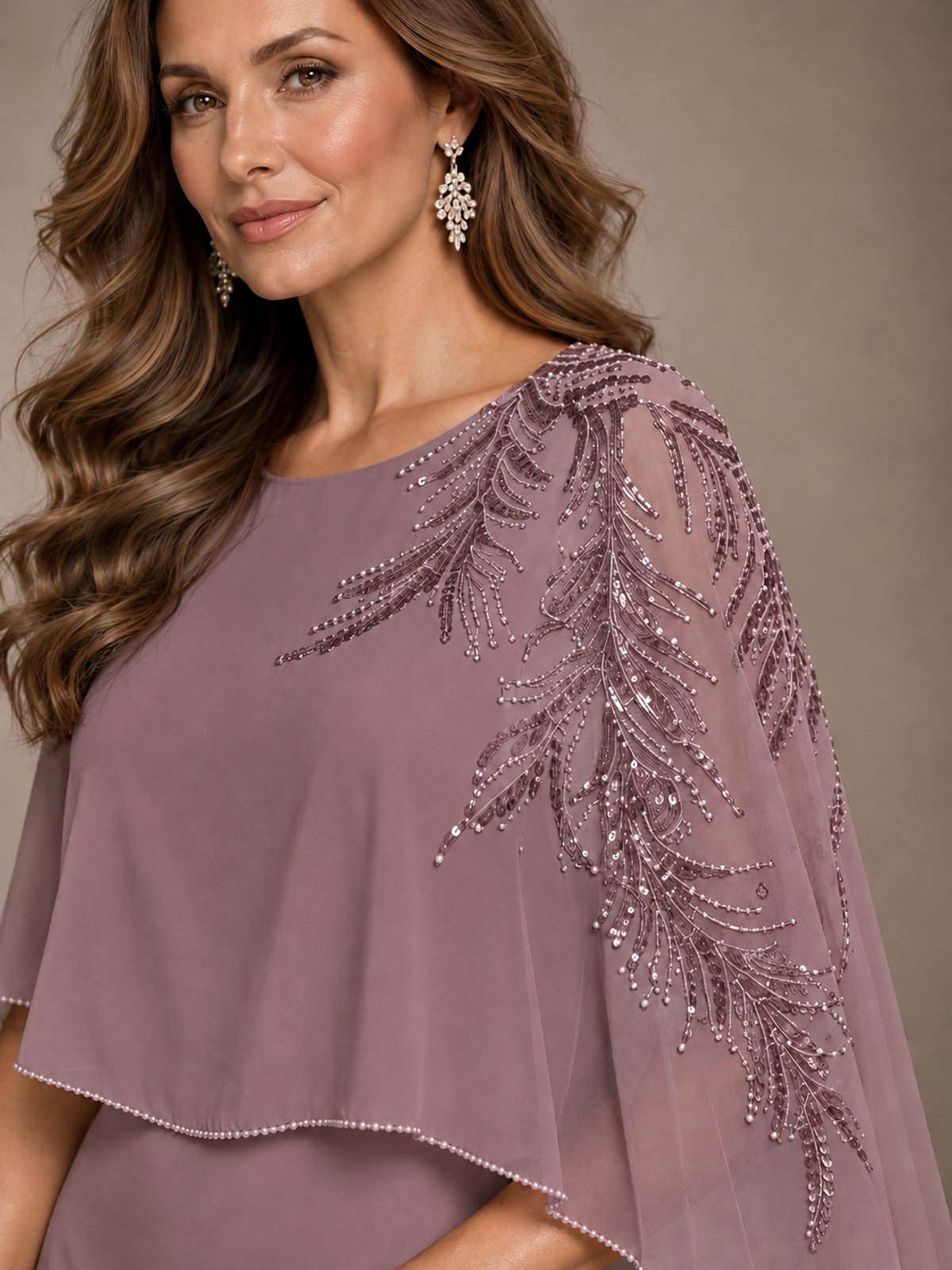 Elegant Chiffon Cape Sleeve Beaded Mother of the Bride Dress