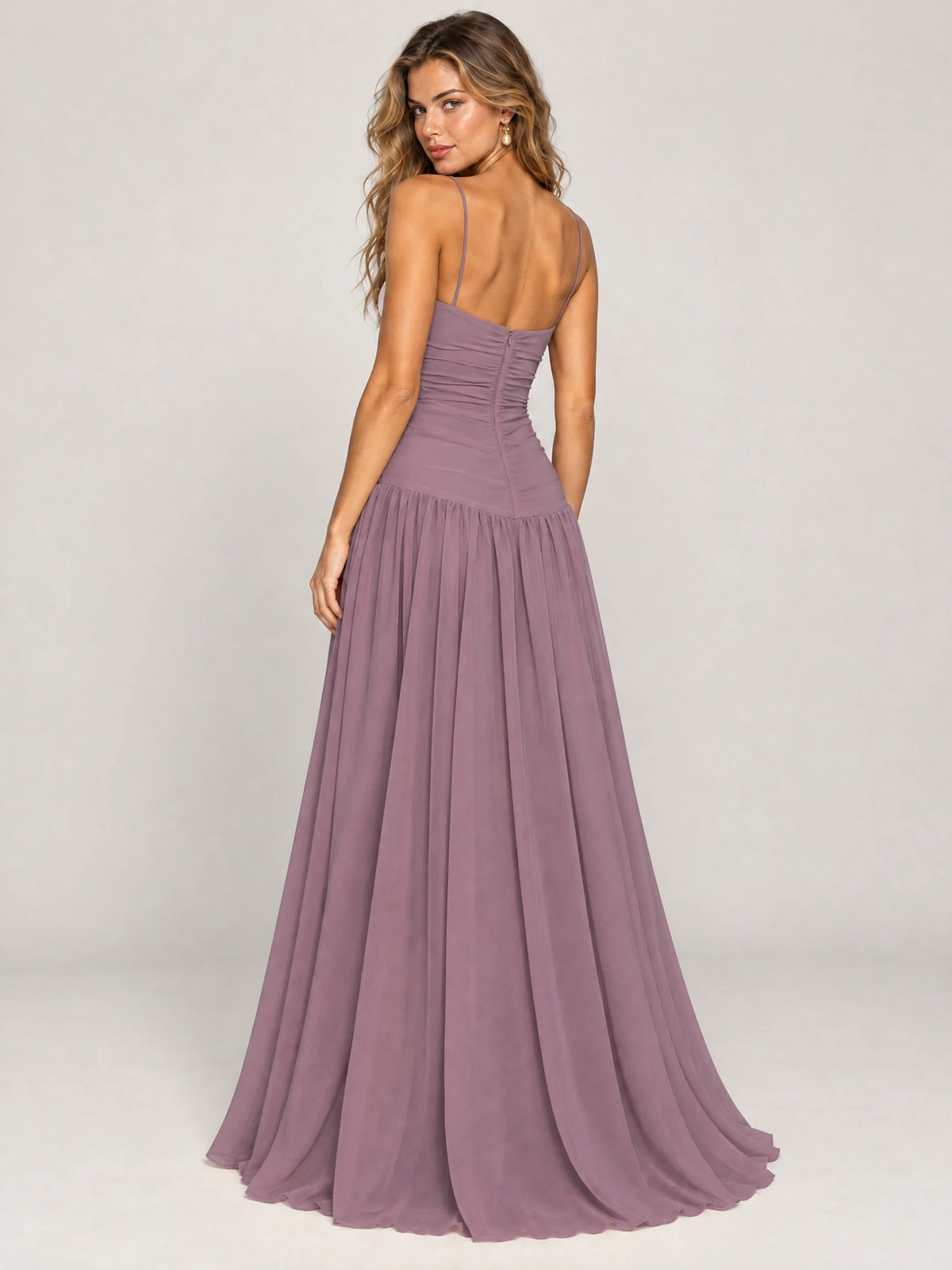 Butter Yellow Ruched Spaghetti Strap Drop-Waist Prom Dress