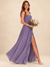 Spaghetti Straps Pleated Chiffon Bridesmaid Dress with Ruffle Slit