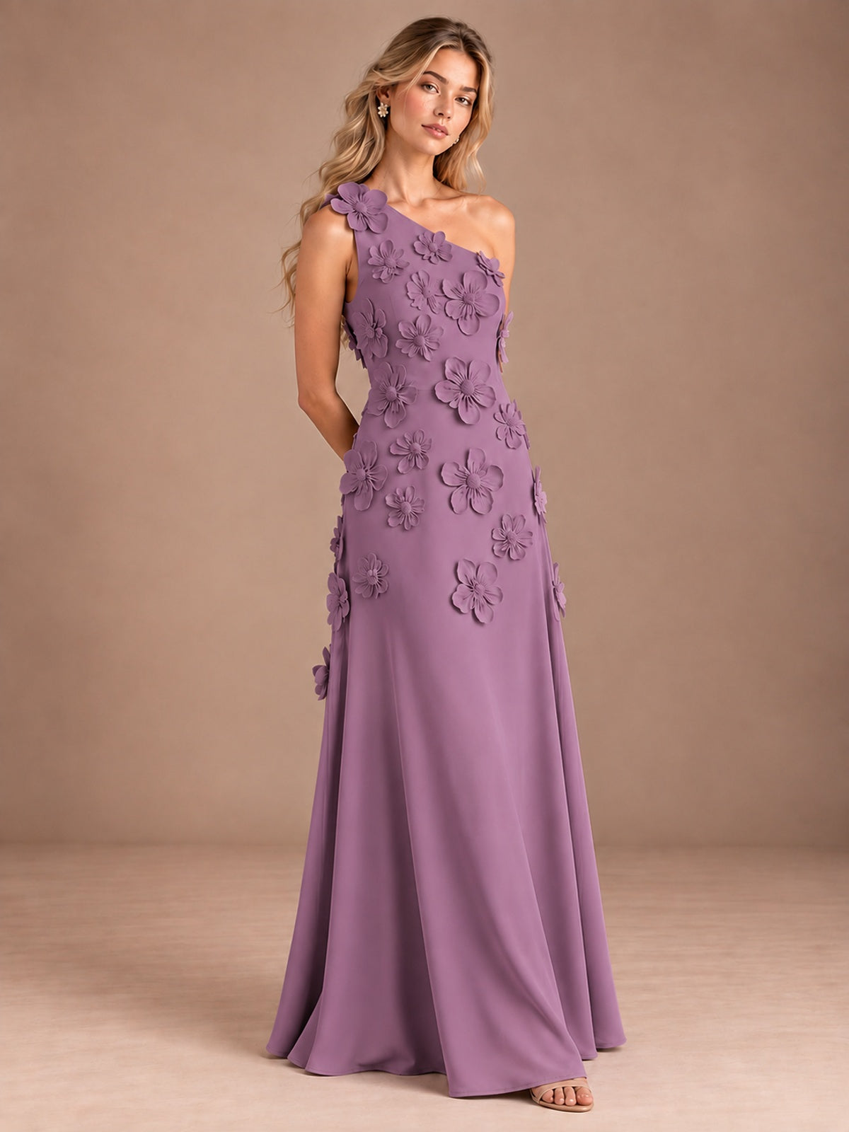 Sage Green One Shoulder Satin Formal Maxi Dress with 3D Floral