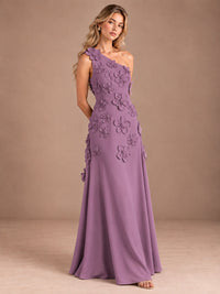 Sage Green One Shoulder Satin Formal Maxi Dress with 3D Floral