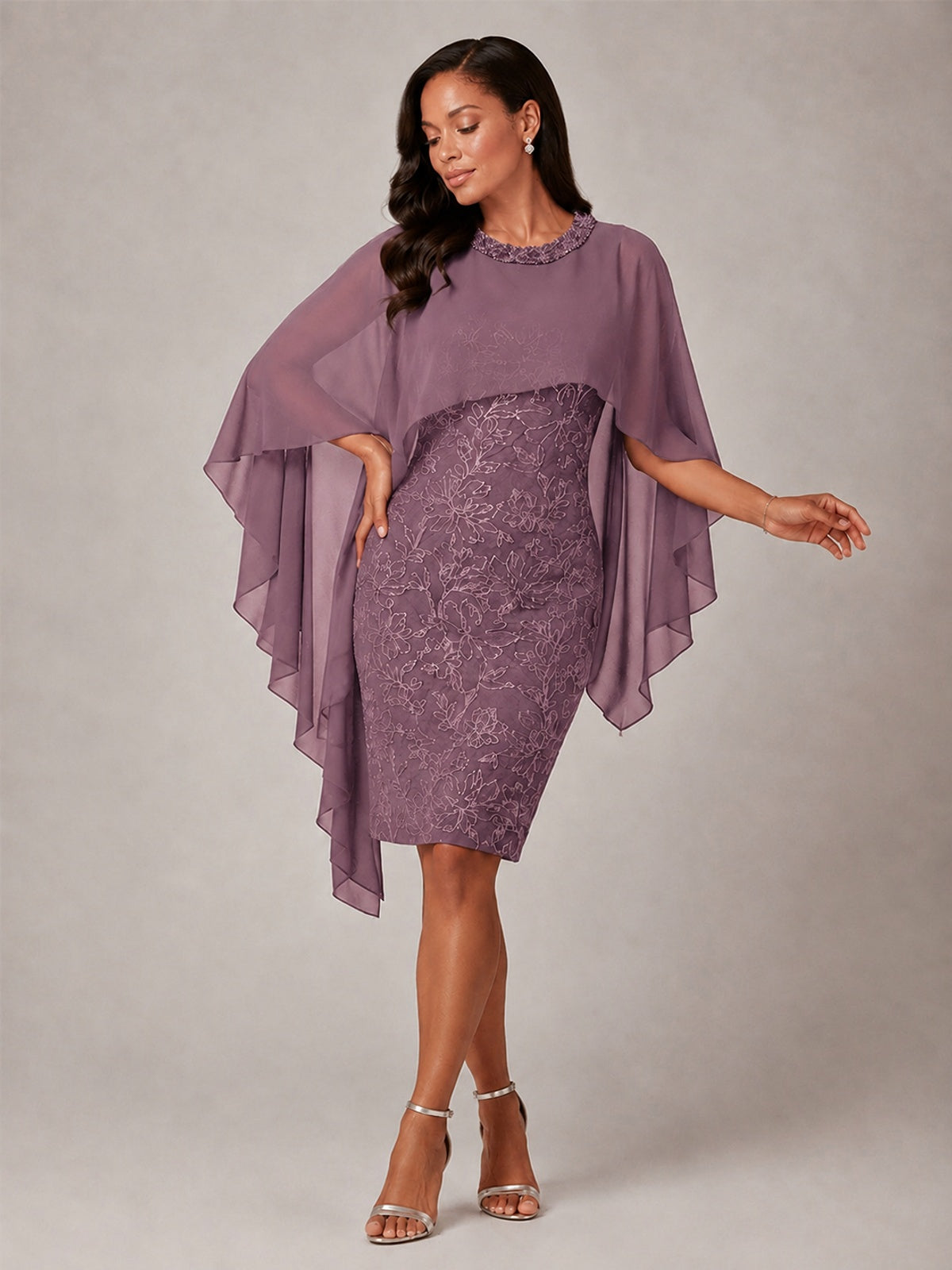 Floral Sheath Mother of the Bride Dress with Cape Overlay