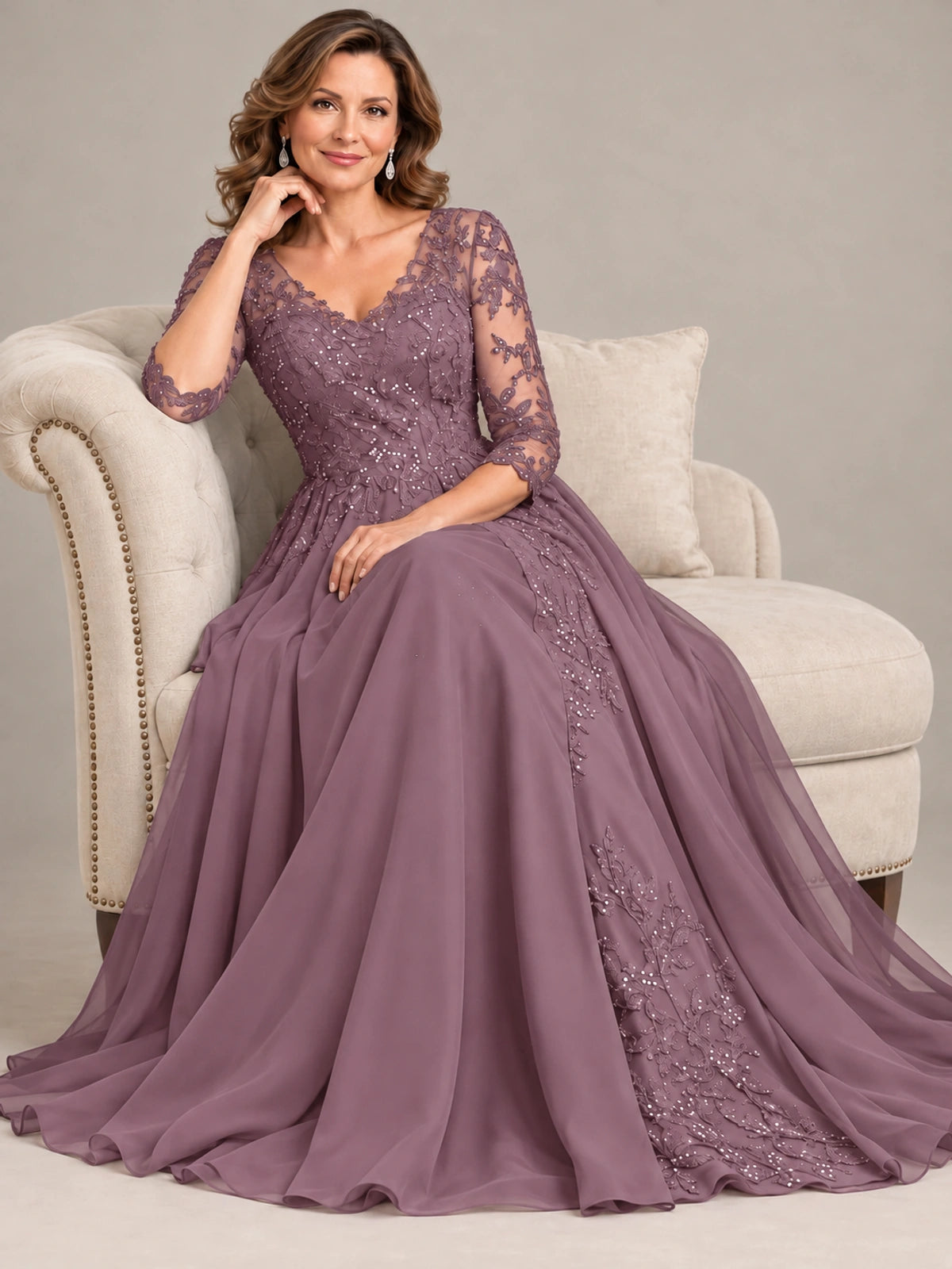 Sequin Lace A-Line Mother of the Bride Dress with 3/4 Sleeves