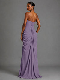 Strapless Bodycon Pleated Chiffon Formal Dress with Slit
