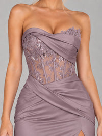 Strapless Satin Prom Dress with Sheer Lace Corset & High Slit