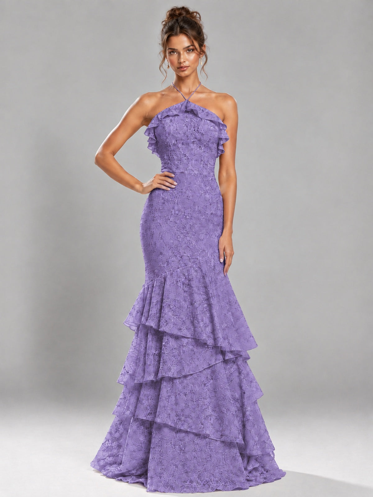 Halter Tiered Mermaid Prom Dress with Sparkly Lace