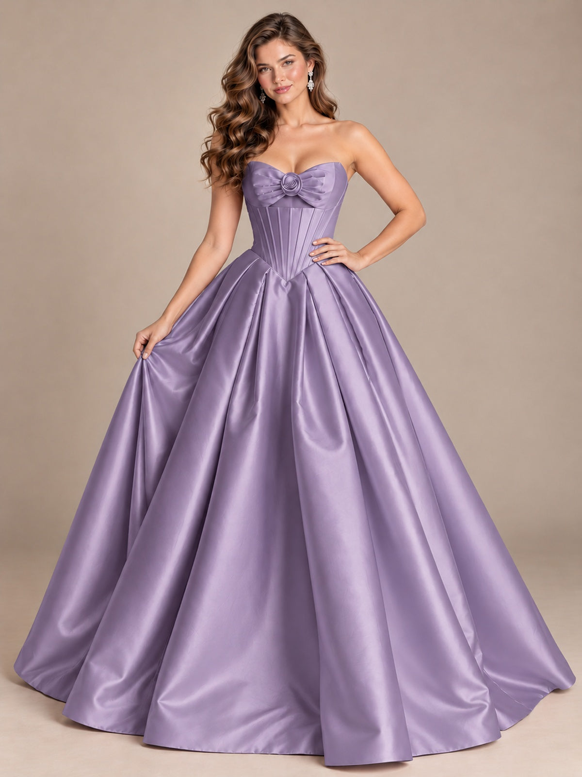 Pink Strapless Corset Satin Prom Derss & Ball Gown with 3D Floral