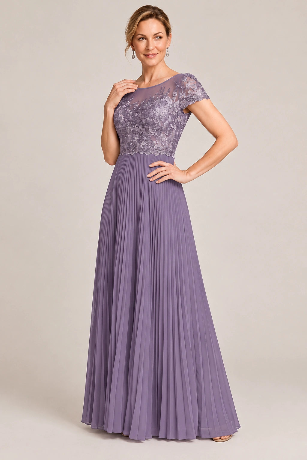 Embroidered Lace Pleated Mother of the Bride Dress