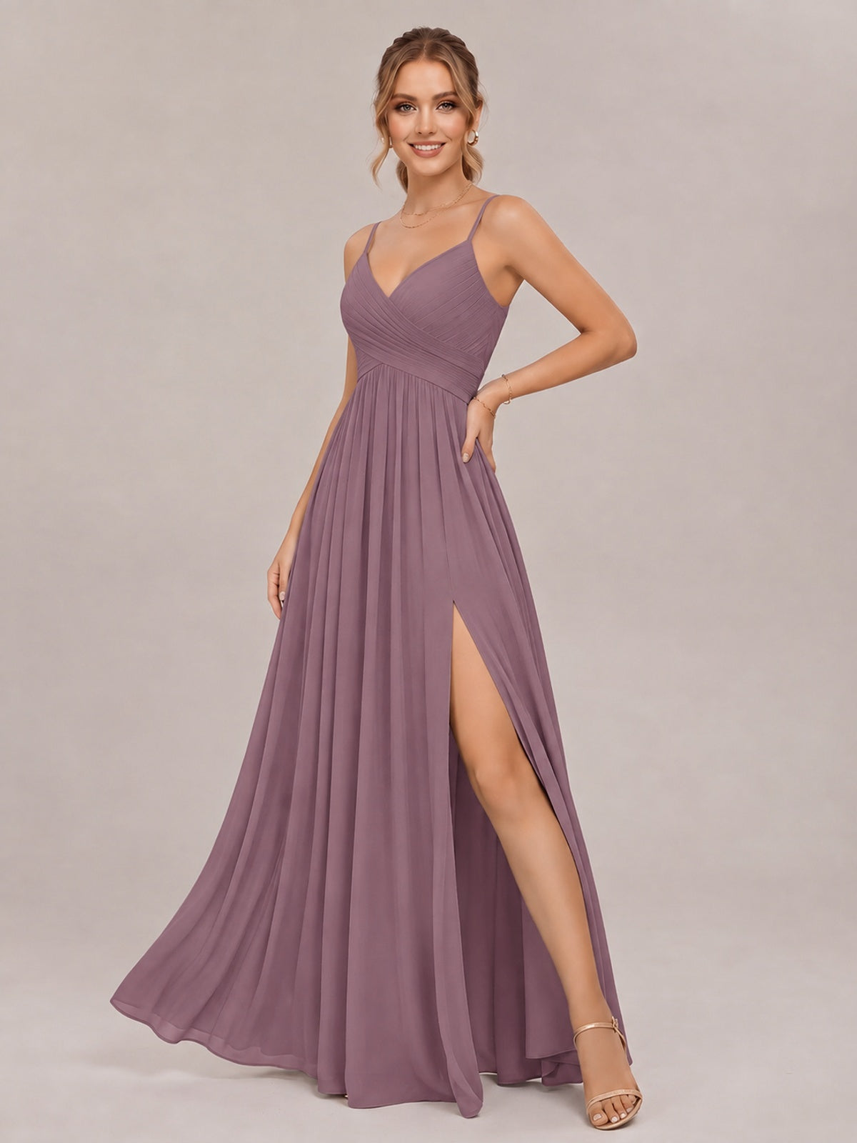V-Neck Pleated Chiffon Long Bridesmaid Dress with Slit