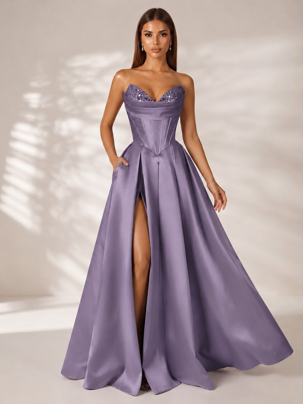 Strapless Corset Satin Prom Dress Long Evening Gown with High Slit