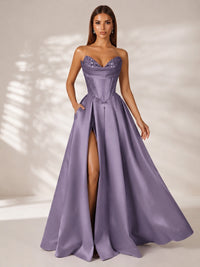 Strapless Corset Satin Prom Dress Long Evening Gown with High Slit