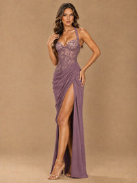 Sweetheart Halter Prom Dress Pleated Lace Floral Formal Dress with Slit