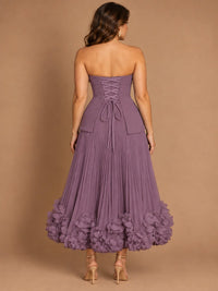 Navy Blue Strapless Pleated A-Line Midi Dress with 3D Floral Applique