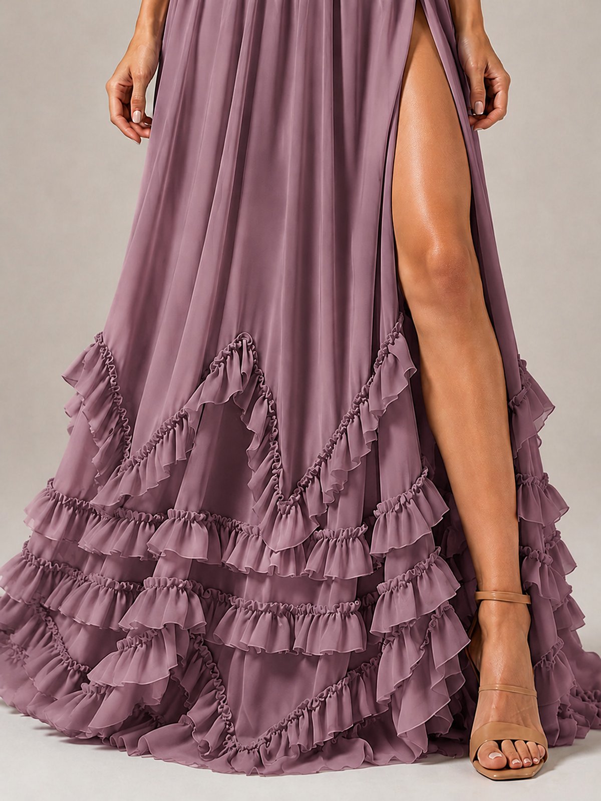 Halter V Neck Chiffon Formal Dress with Lace-Up Back and Ruffle Hem