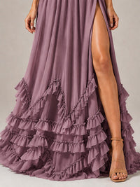 Halter V Neck Chiffon Formal Dress with Lace-Up Back and Ruffle Hem
