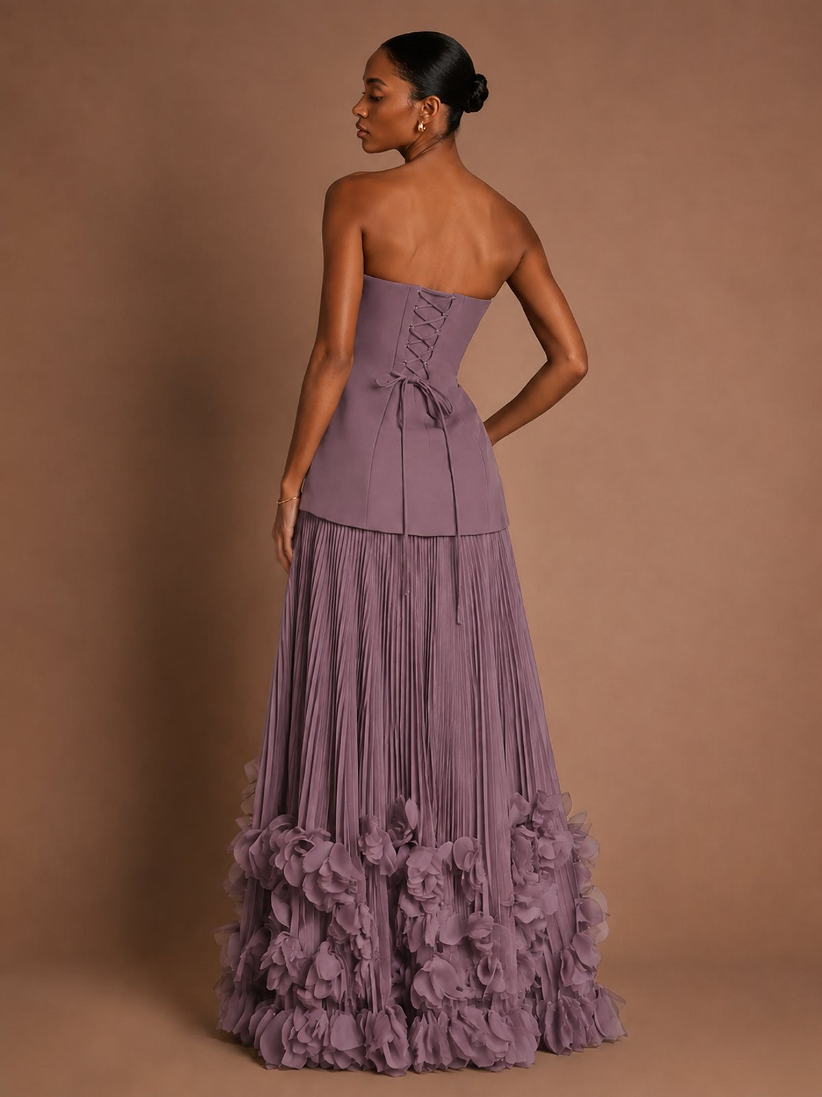 Strapless Pleated Floral Satin Formal Dress with Side Slit