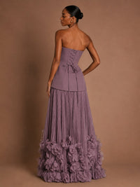 Strapless Pleated Floral Satin Formal Dress with Side Slit
