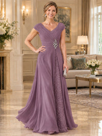 Pleated Chiffon Lace Mother of The Bride Dresses with Beading Cap Sleeves