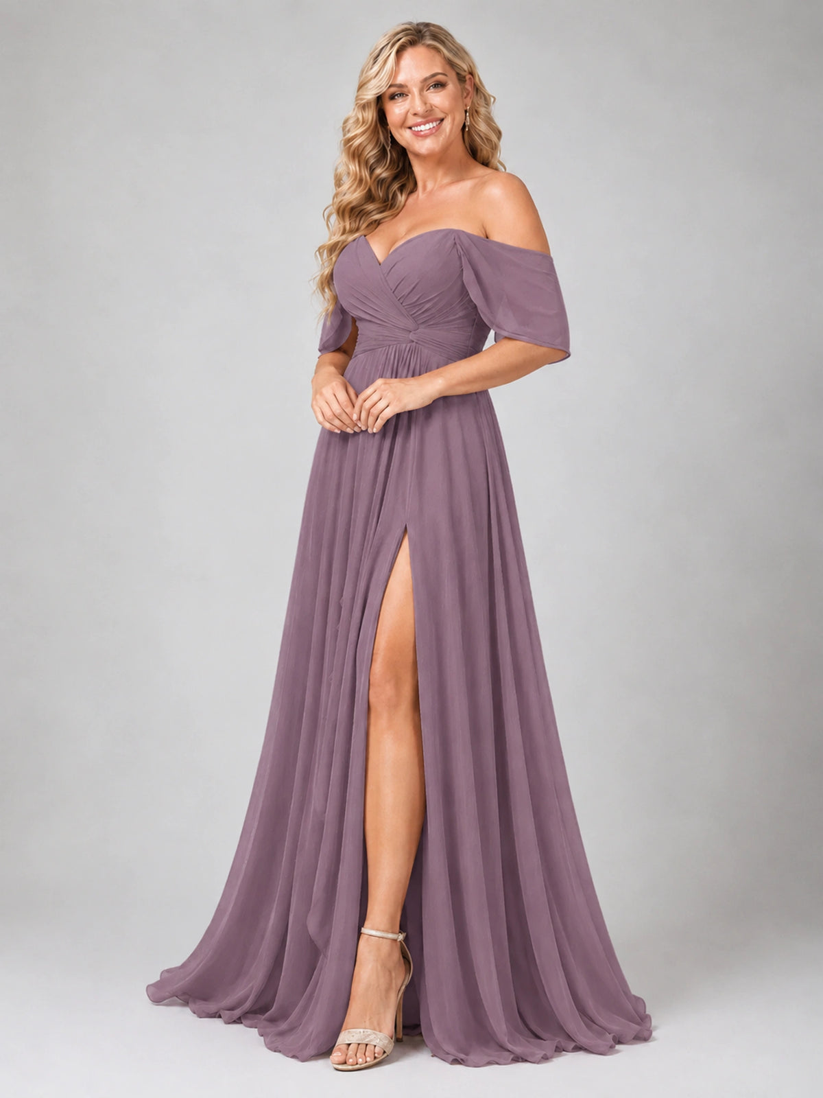 Off Shoulder Chiffon Bridesmaid Dress with Slit