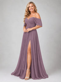 Off Shoulder Chiffon Bridesmaid Dress with Slit