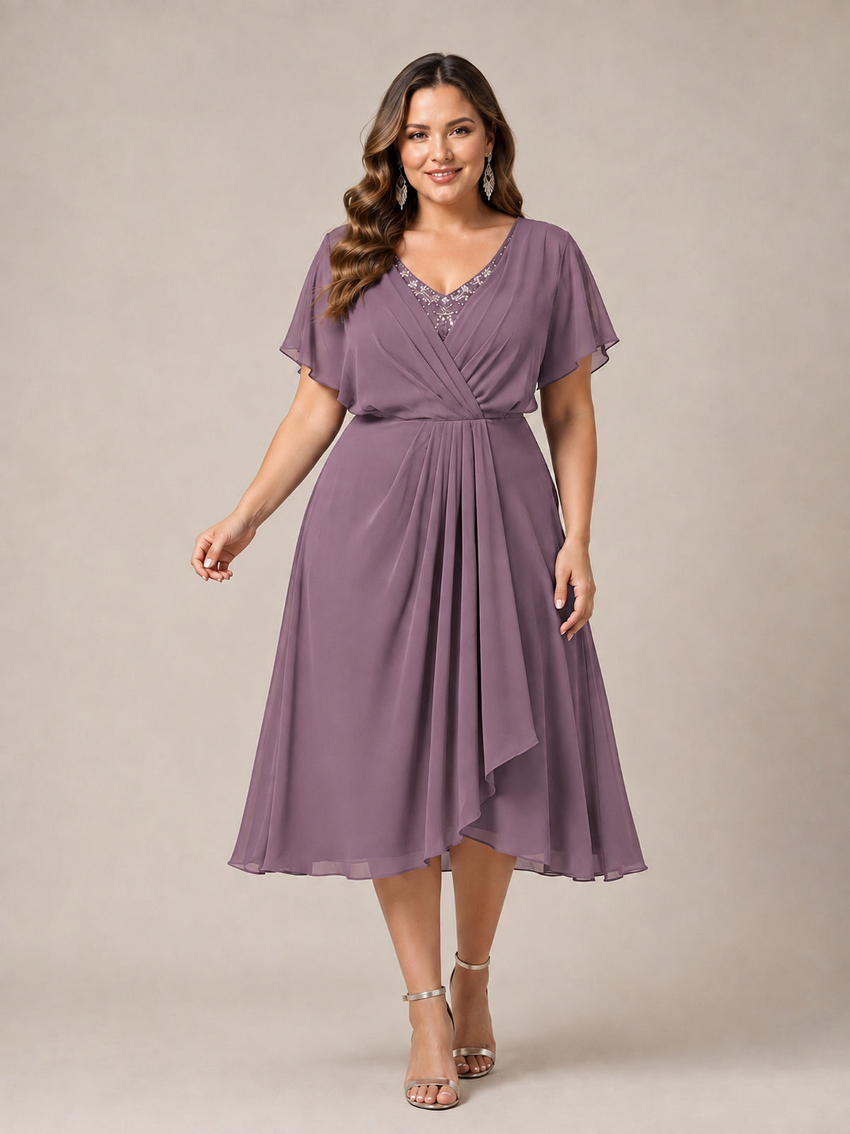 Navy Blue A-Line V-Neck Tea-Length Mother of the Bride Dress