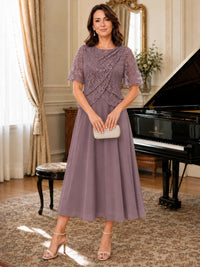 Tea-Length Chiffon Mother of the Bride Dress with Sequin Lace Sleeves