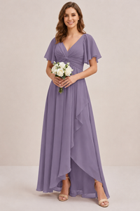 Dusty Blue Chiffon Bridesmaid Dress with Flutter Sleeves & High-Low Hem