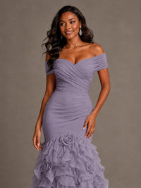 Pink Off-the-Shoulder Mermaid Prom Dress with Ruffles 3D Flowers