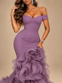 Dusty Blue Off-the-Shoulder Mermaid Prom Dress with 3D Rose & Ruffles