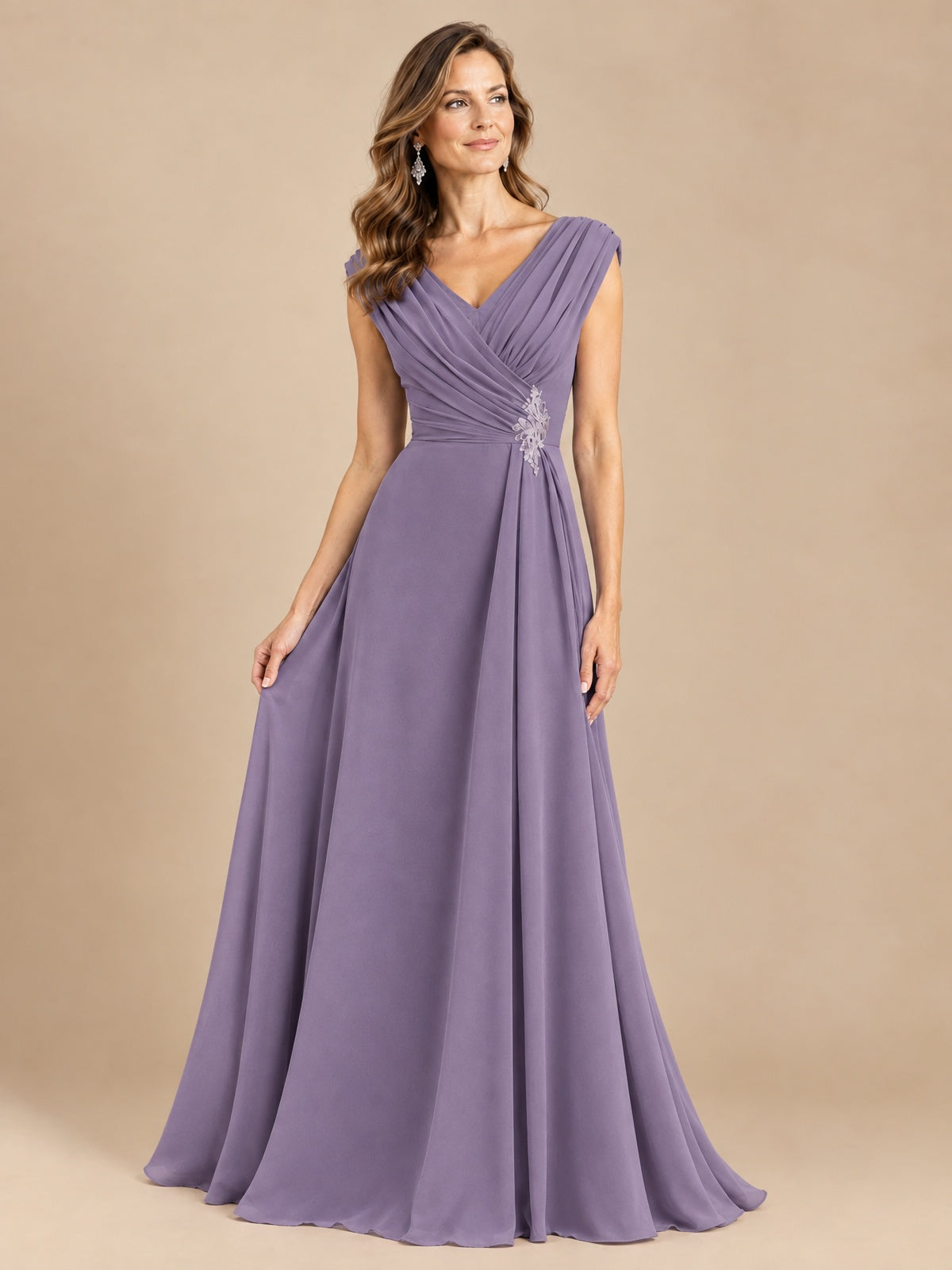 V Neck Pleated Mother of The Bride Dresses with Beading Cap Sleeves