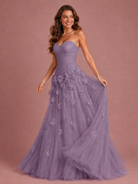 Blush Pink Strapless Sweetheart 3D Floral Tulle Ball Gown Prom Dres