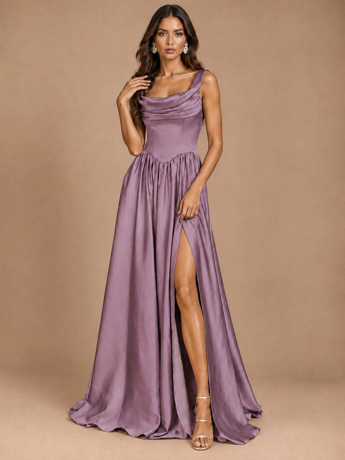 Cowl Neck Pleated Satin Prom Dress with Pockets & Slit Maxi Formal Gowns