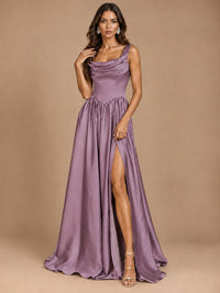 Cowl Neck Pleated Satin Prom Dress with Pockets & Slit Maxi Formal Gowns