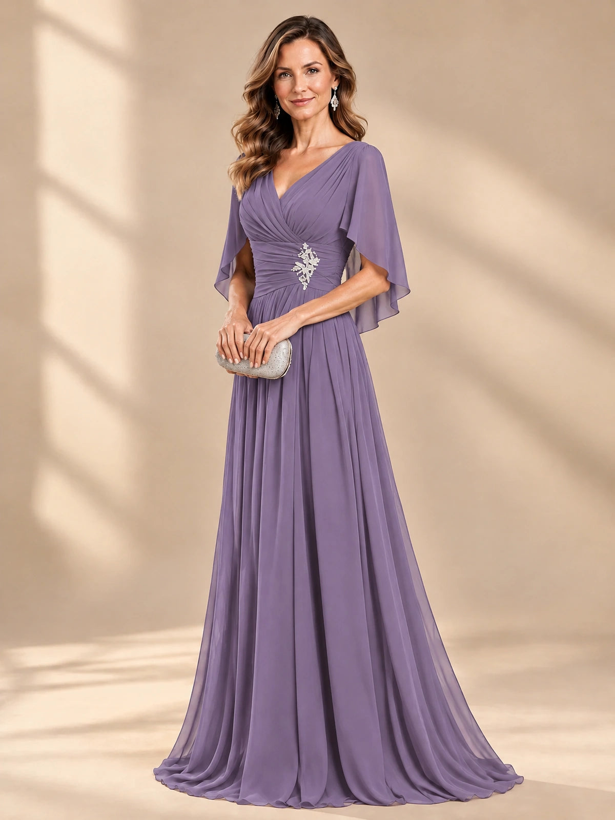 Ruched V Neck Mother of The Bride Dresses with Shawls Appliques and Cap Sleeves