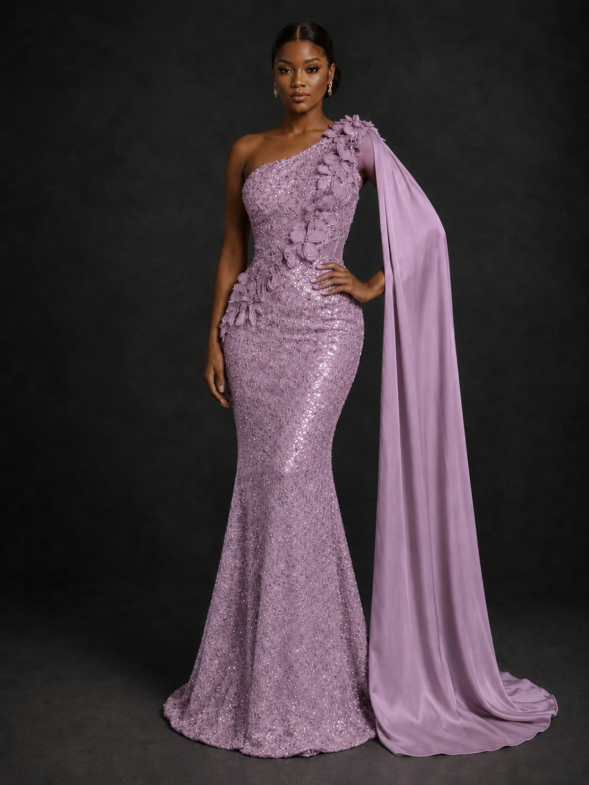 Gold Sequin One Shoulder Mermaid Prom Dress with Cape