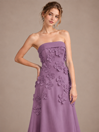 Yellow Strapless 3D Floral Appliques Maxi Dress