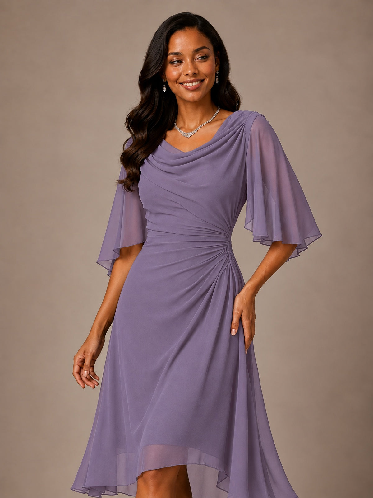 Cowl Neck Ruched Chiffon Mother of the Bride Dresses with Flutter Sleeves
