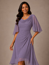 Cowl Neck Ruched Chiffon Mother of the Bride Dresses with Flutter Sleeves