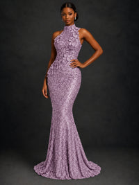 Sparkly Sequin High Neck Mermaid Prom Dress