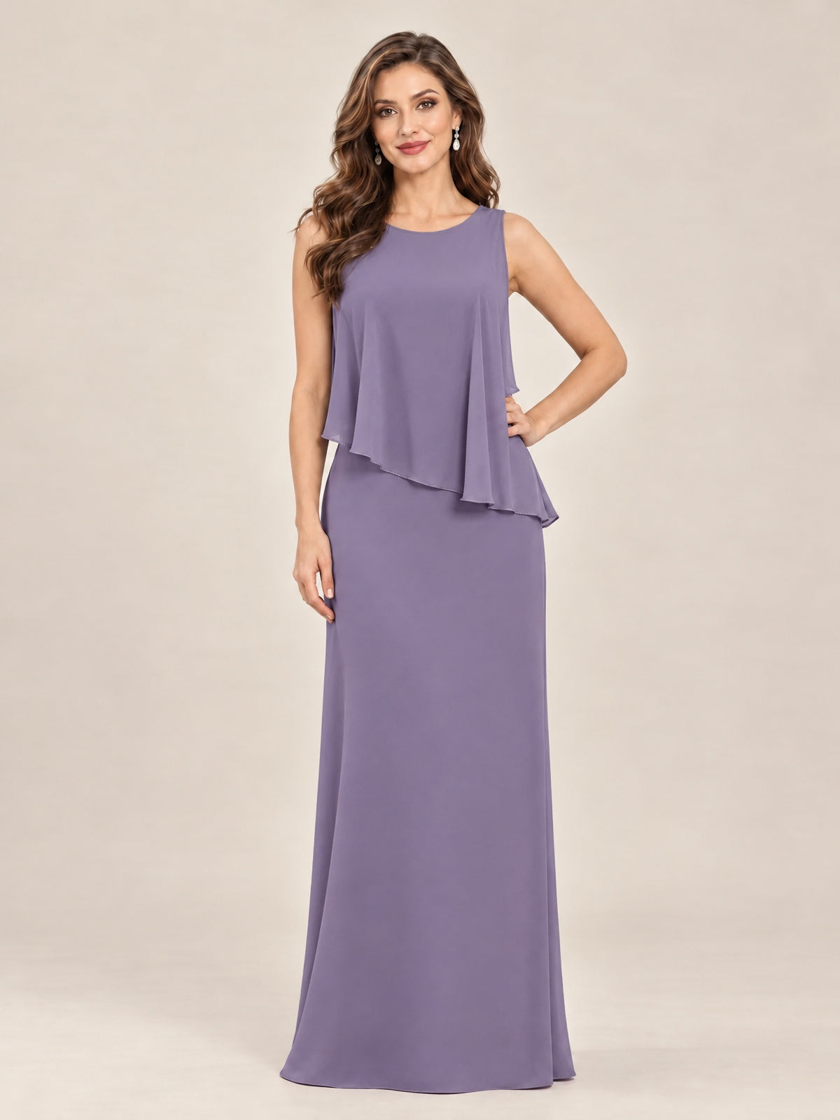 Cape Sleeve Mother of the Bride Dress with Asymmetrical Overlay