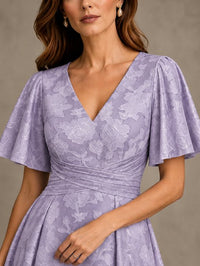 V-Neck Floral Jacquard Tea-Length Mother of the Bride Dress
