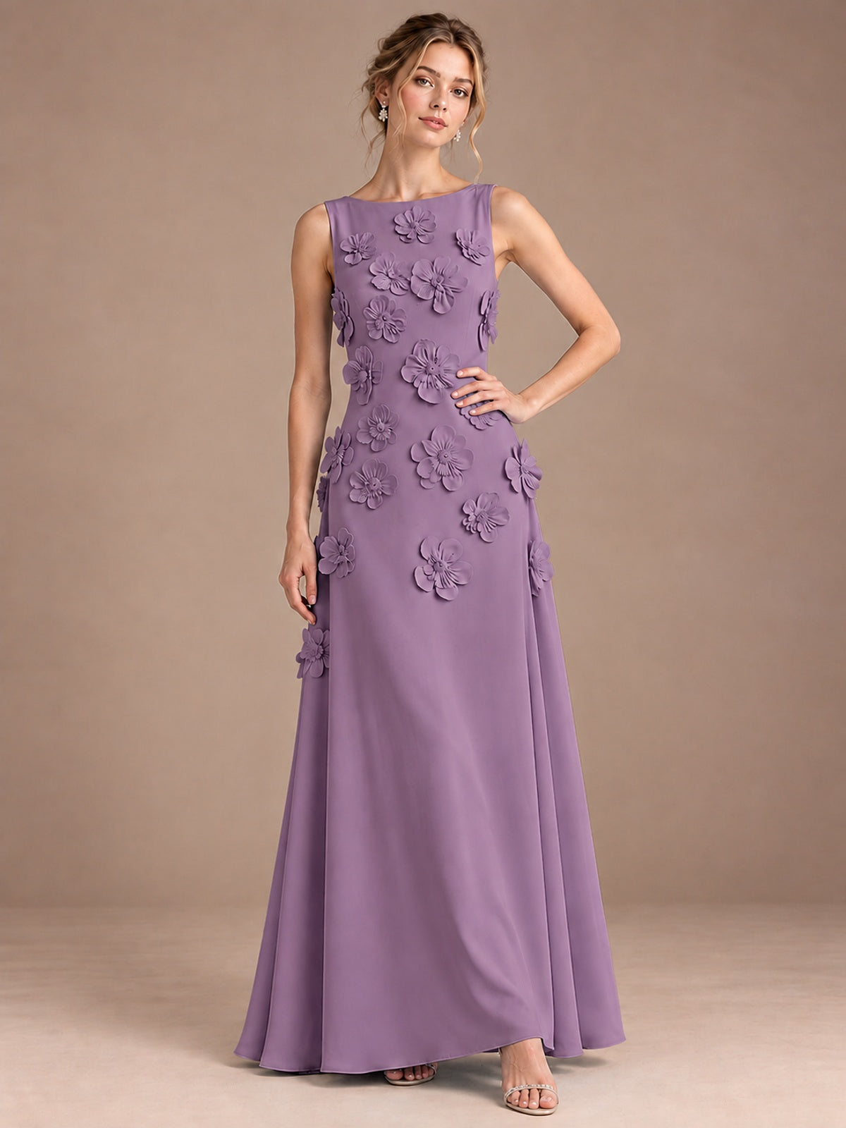 3D Floral Applique Sleeveless Formal Maxi Dress