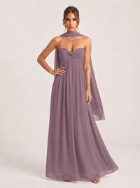 Strapless Ruched Chiffon Long Prom Dress with Scarf