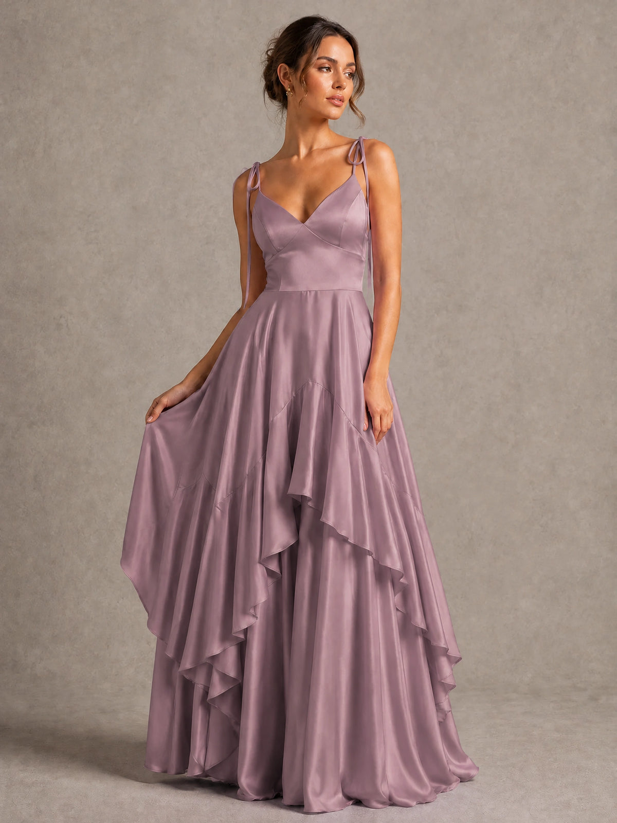 Lavender Satin V-Neck Ruffle Maxi Dress