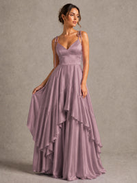 Lavender Satin V-Neck Ruffle Maxi Dress