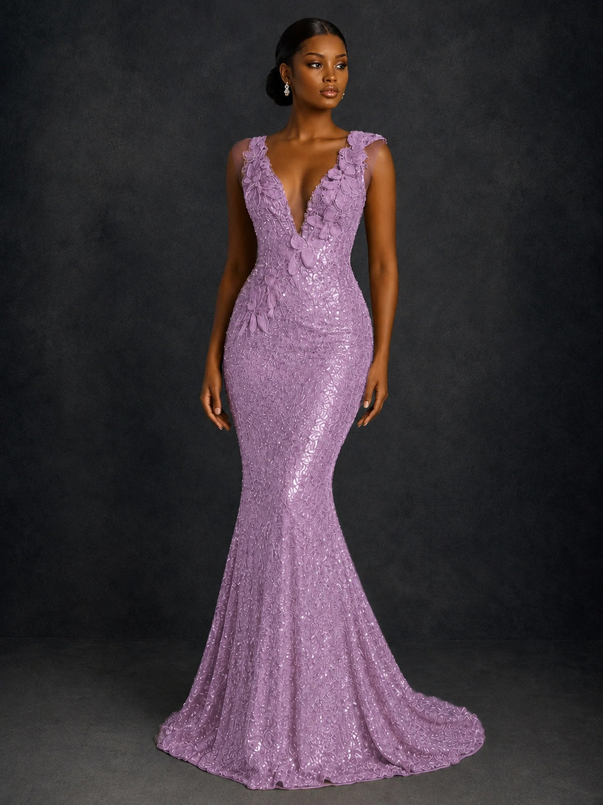 Gold Sequin Floral Applique Mermaid Prom Dress